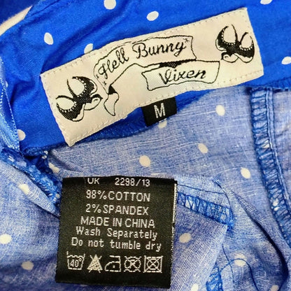 Hell Bunny Rockabilly Dress Blue White Halter Polka Dot Fit Flare Pinup Size Medium