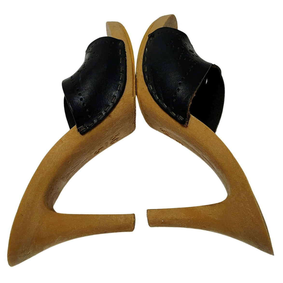 1970s Candies Style Faux Wood Heels Black Leather Pumps US 5 EUR 36 [Vintage]