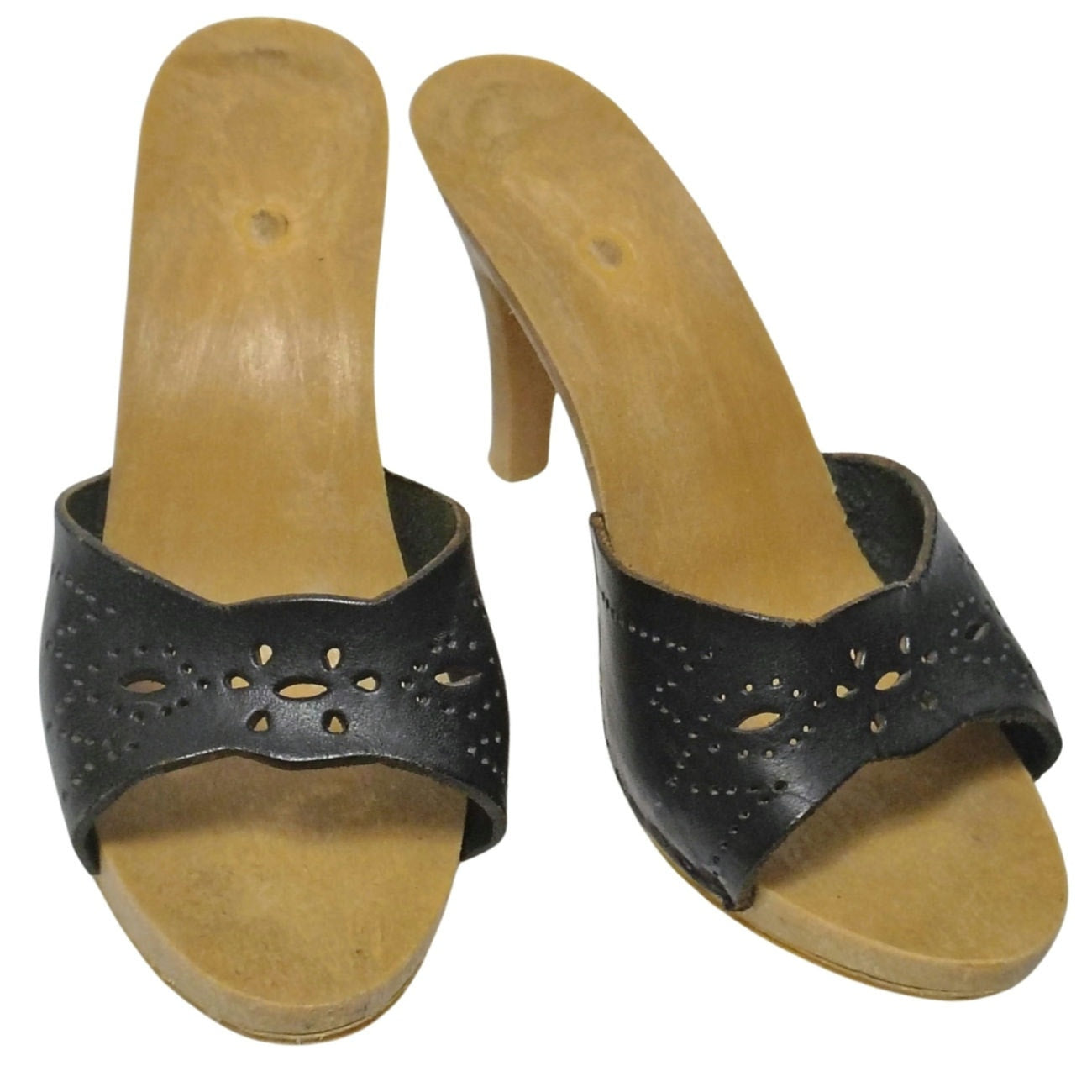 1970s Candies Style Faux Wood Heels Black Leather Pumps US 5 EUR 36 [Vintage]