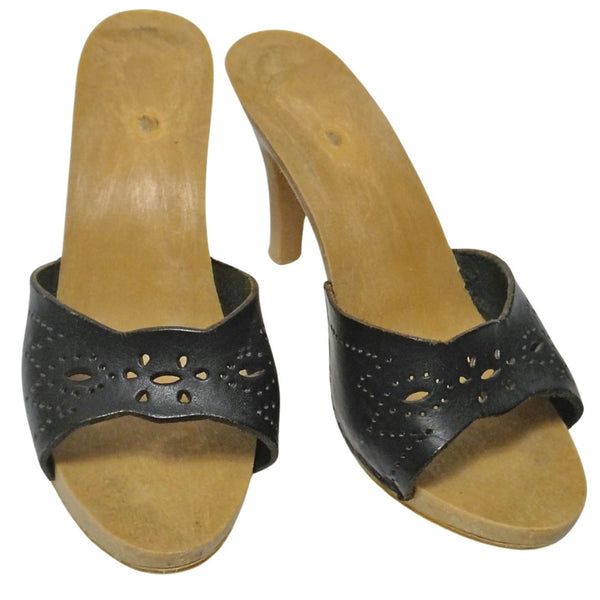 1970s Candies Style Faux Wood Heels Black Leather Pumps US 5 EUR 36 [Vintage]