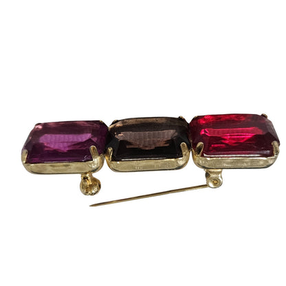 1980s Mod Red Purple Pink Brooch Geometric Rectangle Gold Trim C Clasp Closure