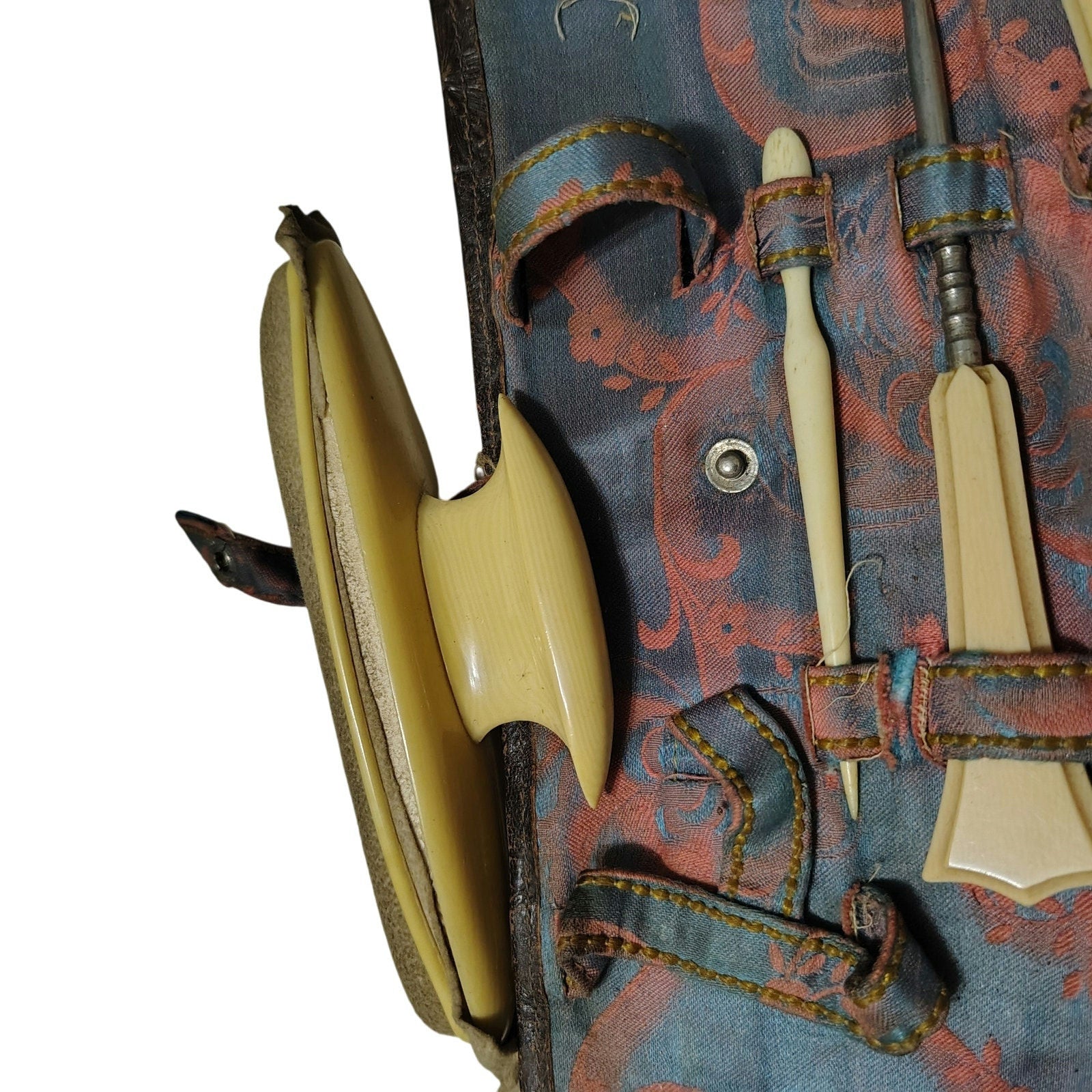 1900-1920 Tooled Leather Floral Celluloid 11 Pc Manicure Set Travel Case [Antique]