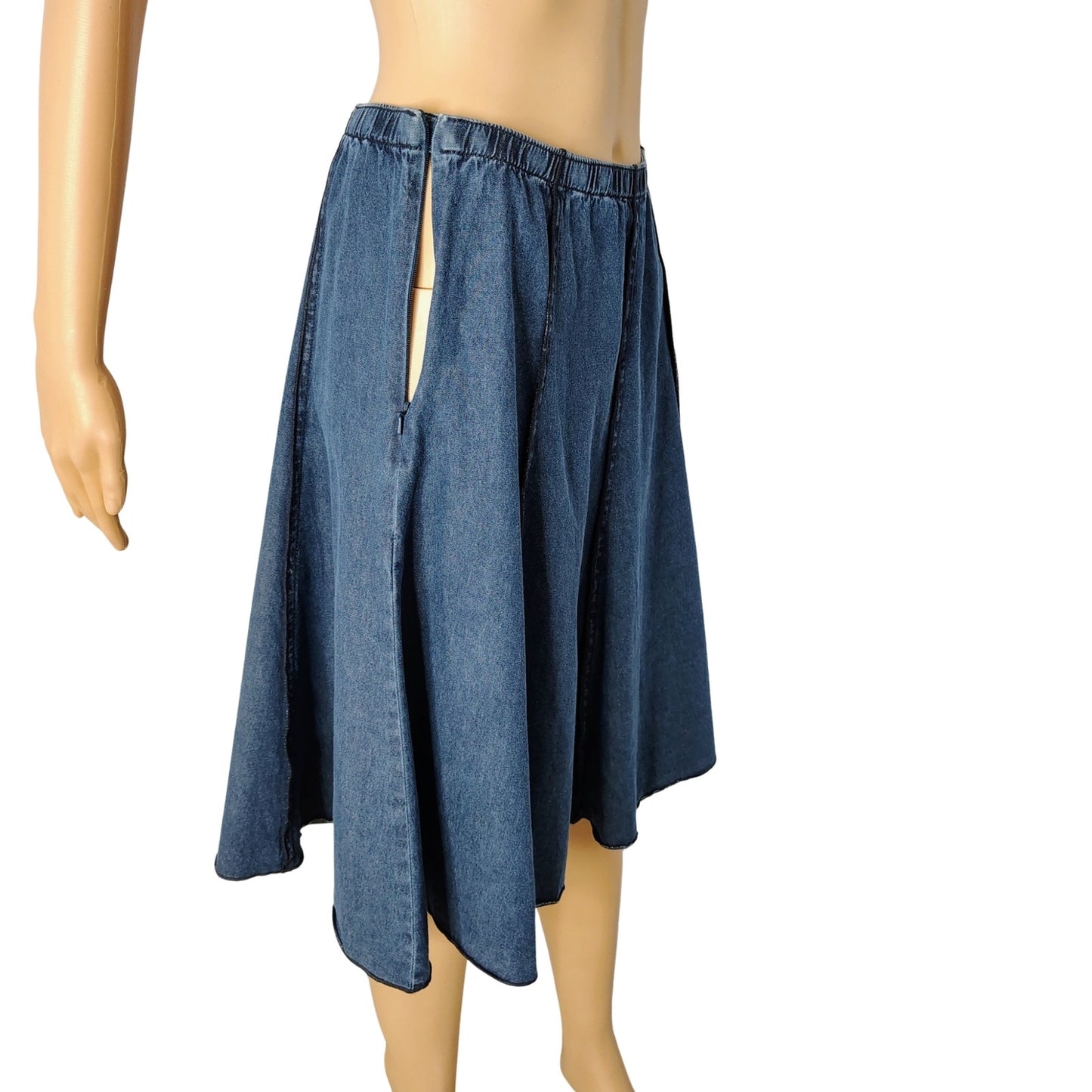 J Jill 100% Cotton Midi Denim Blue Panel Flare Skirt Elastic Waistband Size XSP