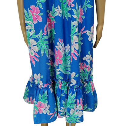 1970s Blue Hawaiian Pink Floral Pullover Caftan House Dress Cap Sleeves Wide Loose Fit [Vintage]
