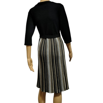Studio 1 Striped Belted Midi Knit Fit & Flare V Neck Sweater Dress Black Size M