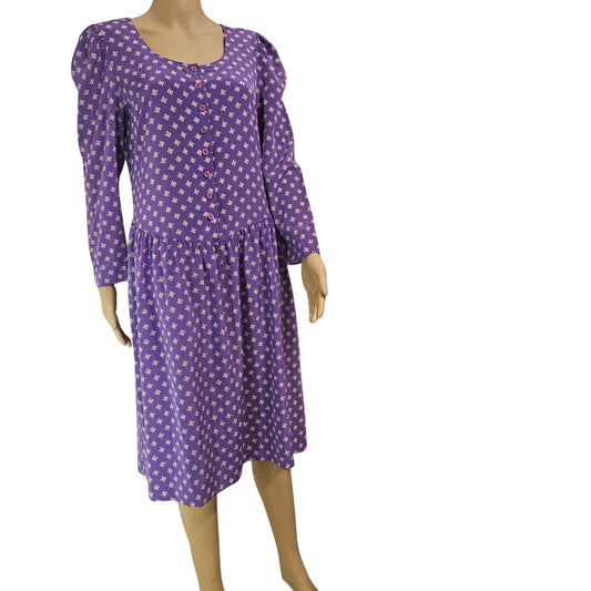 1980s 1990s Purple Puffy Long Sleeve Midi Drop Waist Dress Size 7/8 Petite [Vintage]