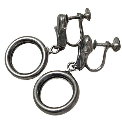 1950s Vintage Flower Dangling Loop Clip On Earrings Silver Tone Twist On Closure