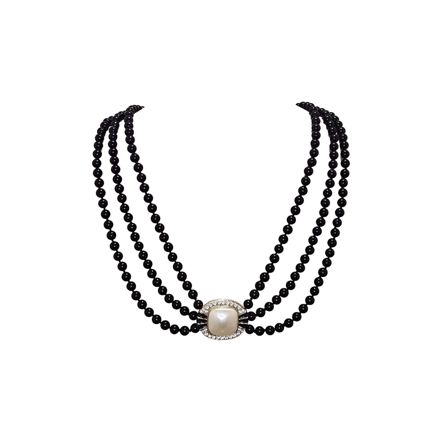 Vintage Black Glass Bead Triple Strand Square Pearl Crystal Statement Necklace