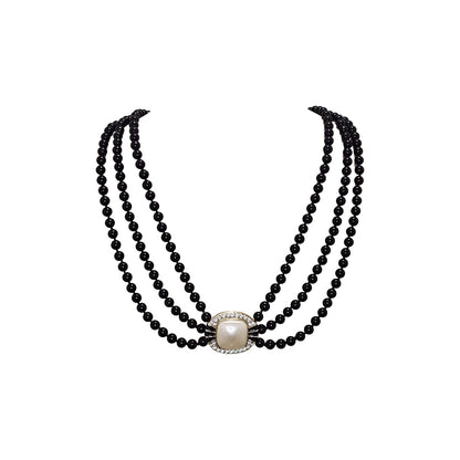 Vintage Black Glass Bead Triple Strand Square Pearl Crystal Statement Necklace