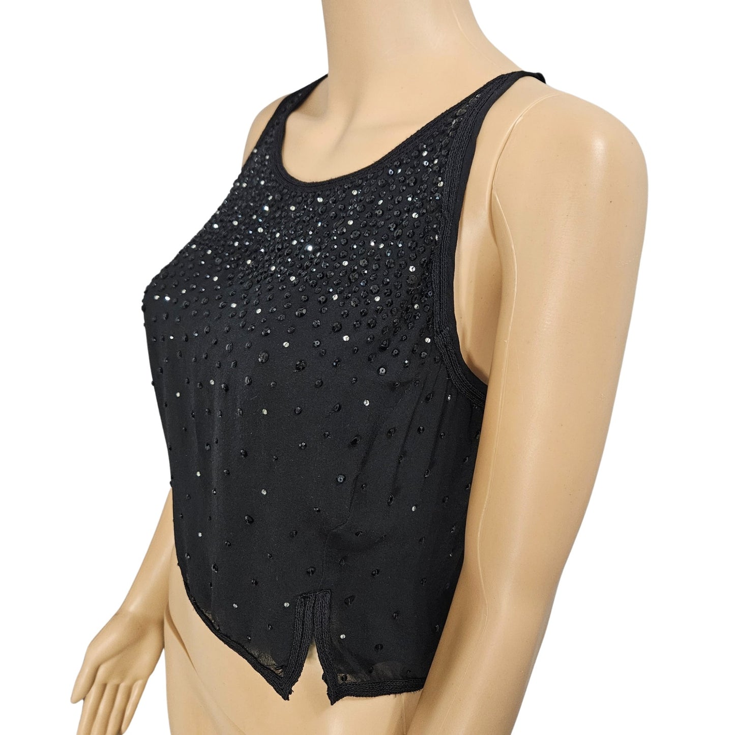 Black Sequin Crystal Beads Formal Halter Top Cropped 100% Silk Sleeveless SZ 10 [Vintage]