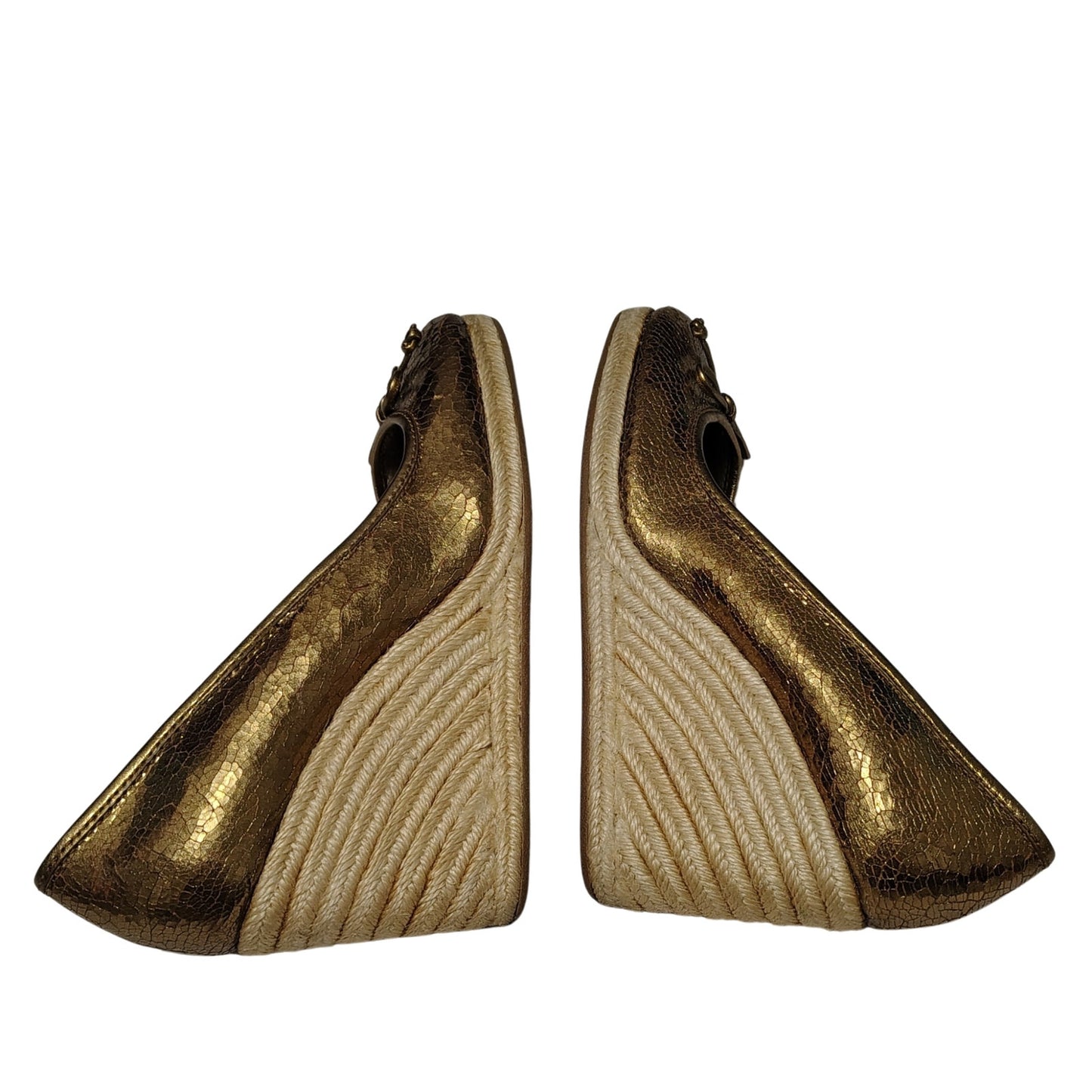 1980s Coach Bronze Crackle Leather Jute Wedge Hee Ireland Bow Espadrille Size 7 [Vintage]