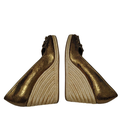 1980s Coach Bronze Crackle Leather Jute Wedge Hee Ireland Bow Espadrille Size 7 [Vintage]