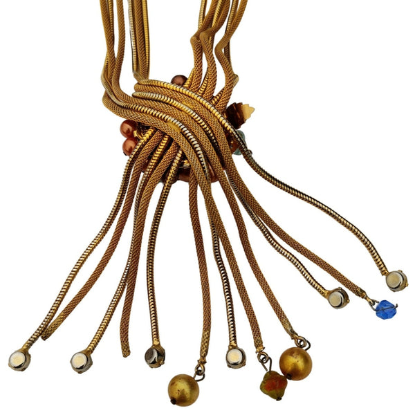 Aurora Borealis Beads Multi Strand Gold Tone Tie Necklace [Vintage]