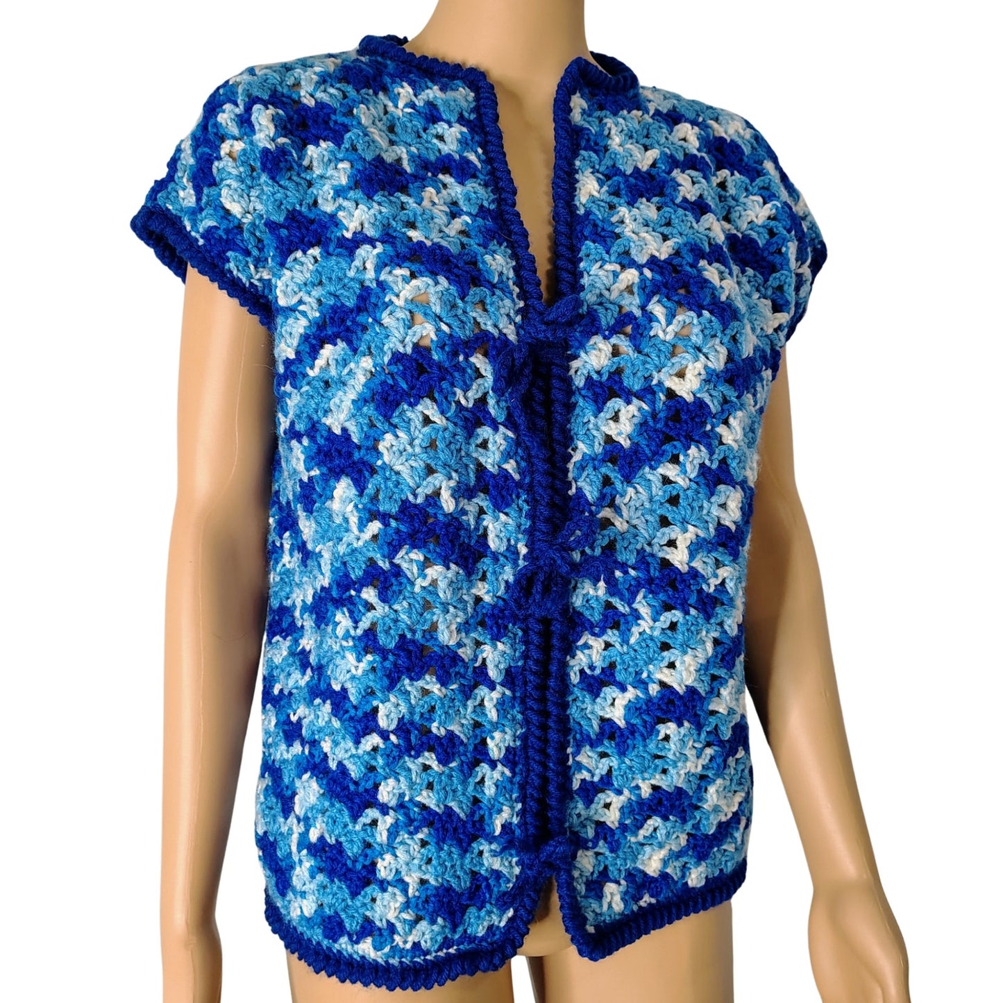 1970s Blue White Crochet Knit Cap Sleeves Tie Up Cardigan Sweater Size Large [Vintage]