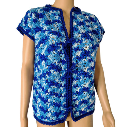 1970s Blue White Crochet Knit Cap Sleeves Tie Up Cardigan Sweater Size Large [Vintage]