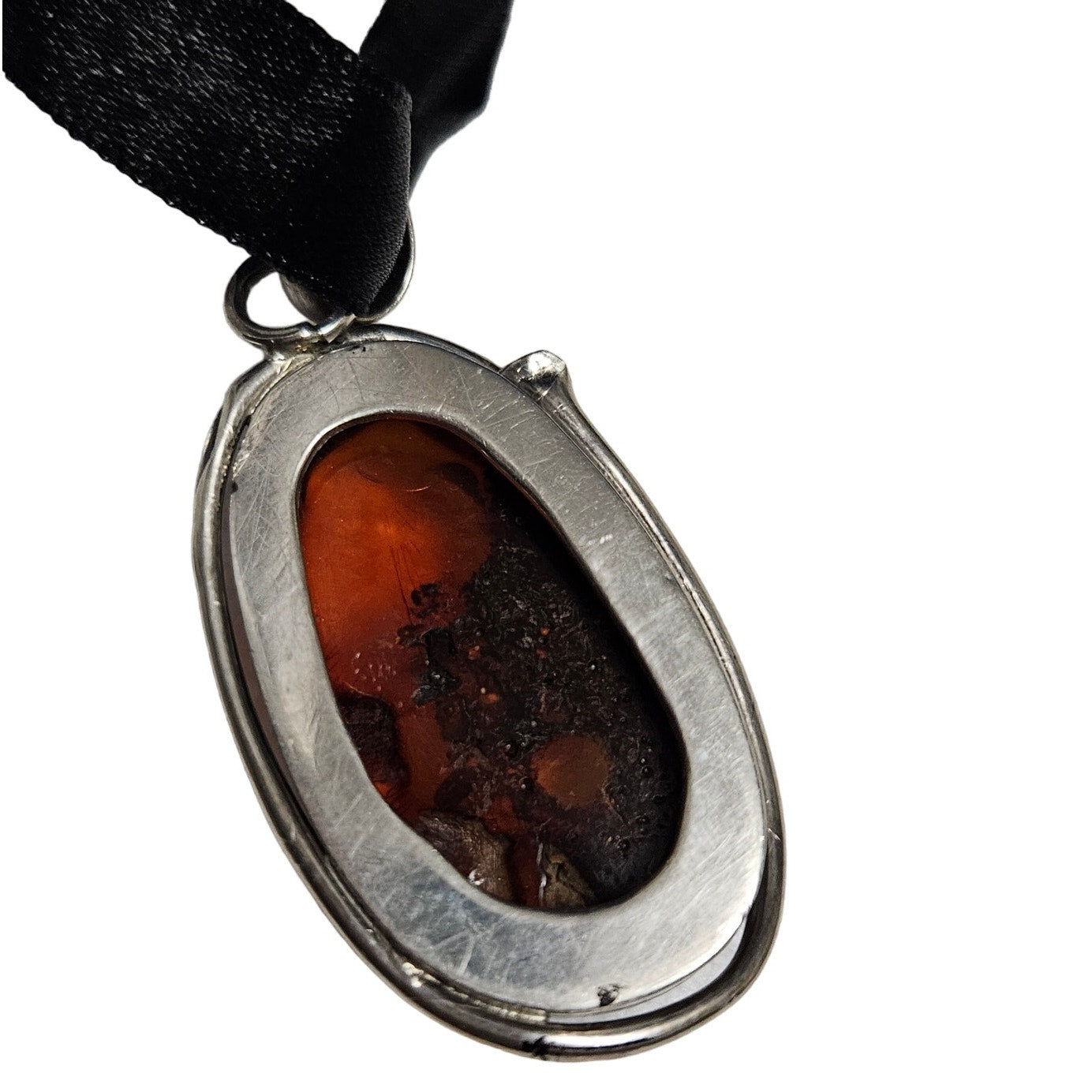.925 Silver Large Honey Amber Wrapped Pendant Black Ribbon Necklace [VINTAGE]