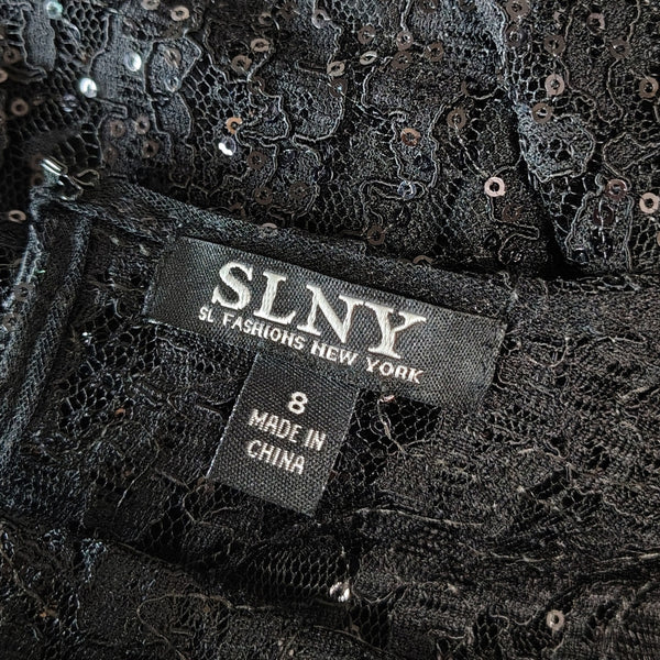SLNY Black Sequined Illusion Lace Back Keyhole Fit Flare Knee Length Dress SZ 8