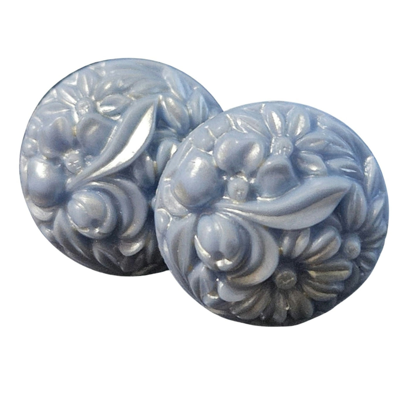 Mid Century Victorian Molded Floral Periwinkle Blue Stone Clip on Earrings [Antique]