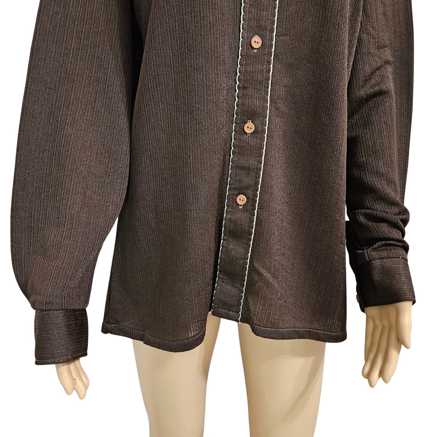 1970s Dress Shirt Brown White Embroidered Wingtip Disco Collar Long Sleeve Size 15 [Vintage]