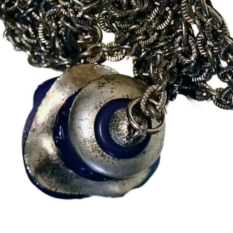 1980s Purple Stacked Beads Silver Tone Heart Long Chain Link Statement Necklace [Vintage]