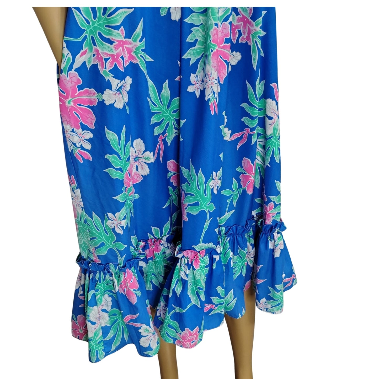 1970s Blue Hawaiian Pink Floral Pullover Caftan House Dress Cap Sleeves Wide Loose Fit [Vintage]