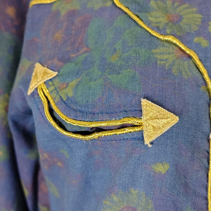 1980s Purple Floral Metallic Gold Western Pearl Snap Button Shirt H Bar C Size 15.5 [Vintage]