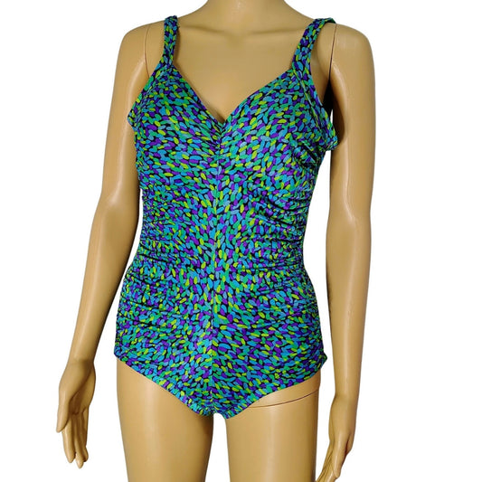 Gabar One-piece Swimsuit Abstract Pattern Oceanic Colors Front Shirring Size 8 [Vintage]