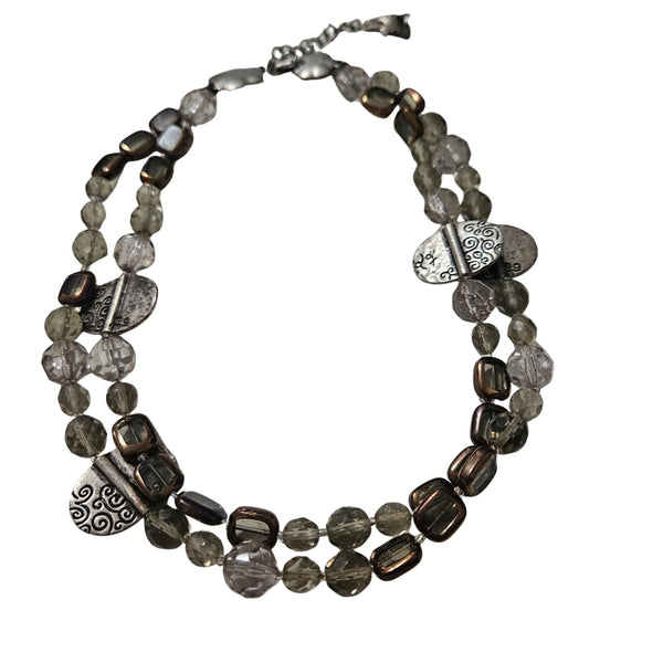 Smoky Bronze Clear Glass Double Strand Beaded Choker Necklace Silver Charms