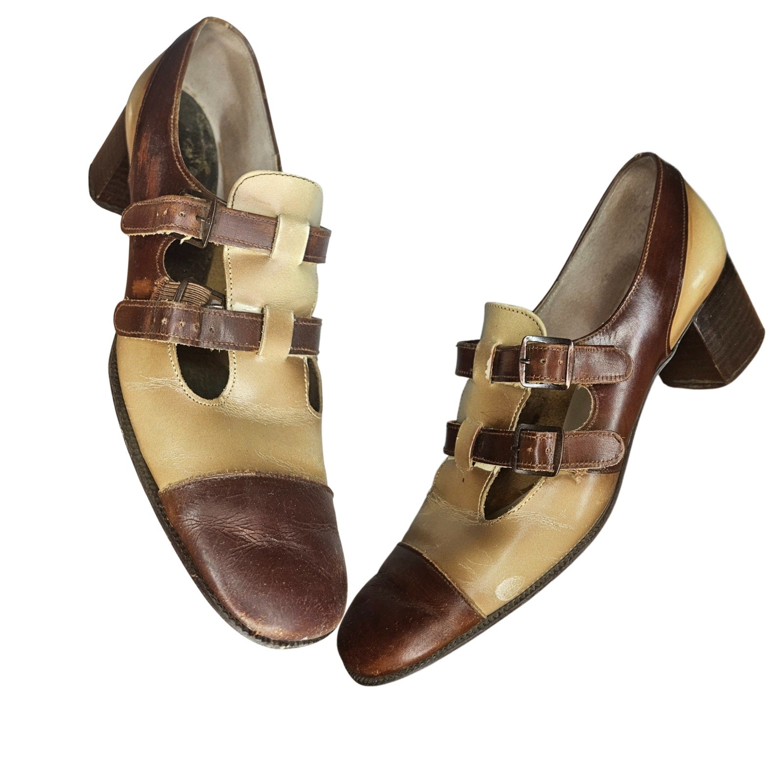 1930s Two-Tone Double-Strap Leather Mary Jane Round Closed Toe Block Heel Shoes [Antique]