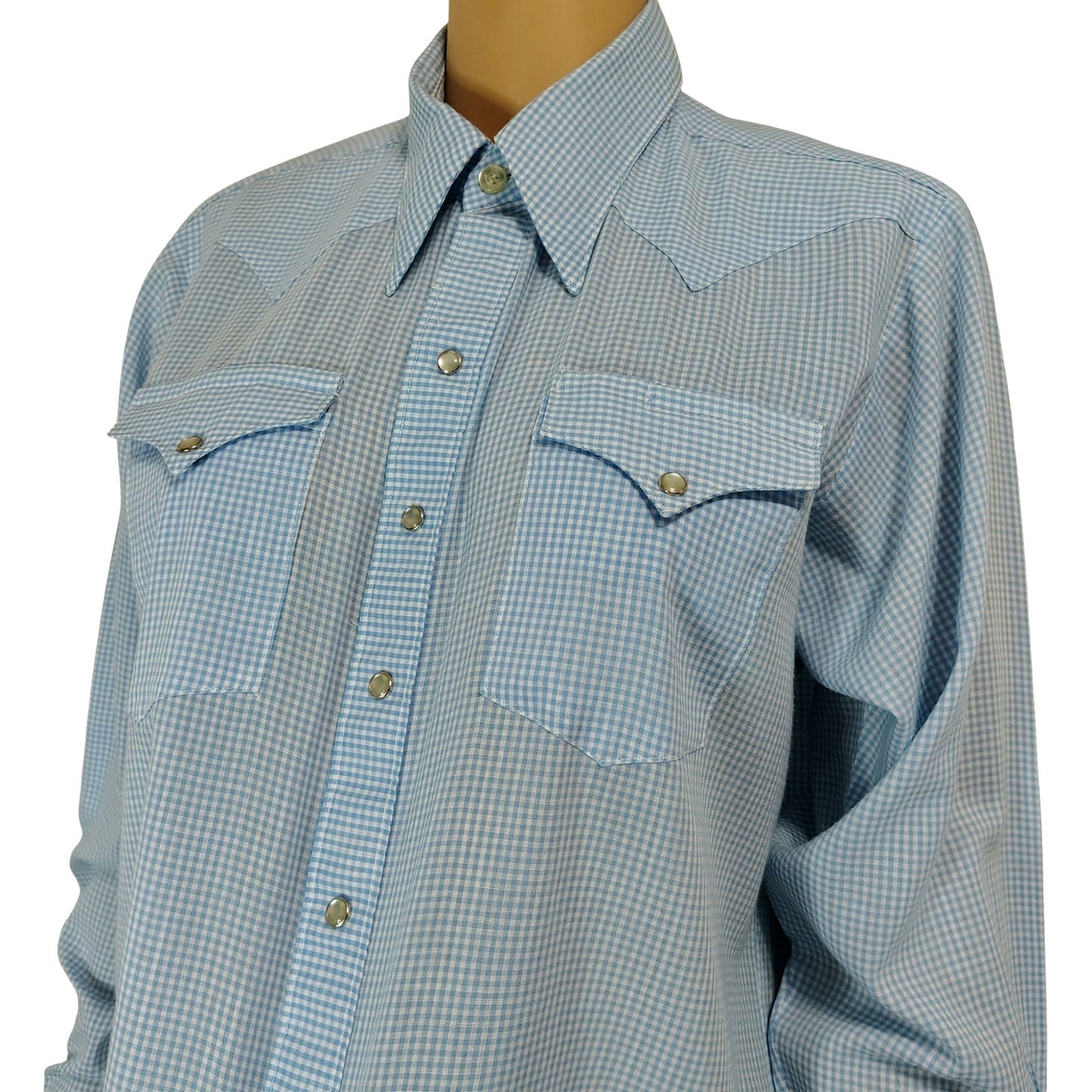 1950s Blue Micro Checks Rockmount Ranch Wear Custom Fitted Western Shirt Size Small [Vintage]