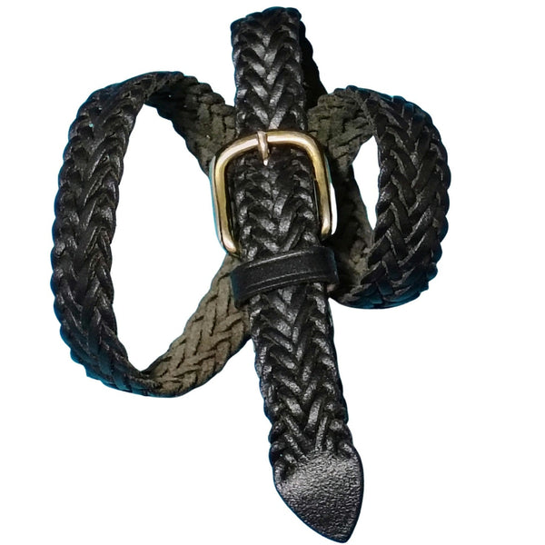 1980s Black Leather Narrow Width Braided Vintage Belt Adjustable Free Size 46