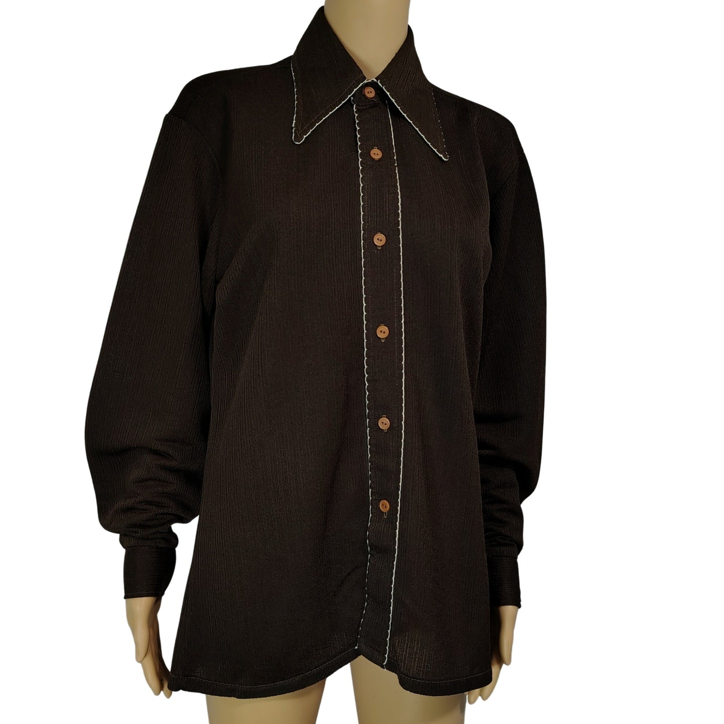 1970s Brown White Embroidered Wingtip Disco Collar Button Up Shirt Size 15 [Vintage]