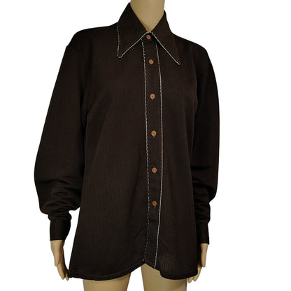 1970s Brown White Embroidered Wingtip Disco Collar Button Up Shirt Size 15 [Vintage]