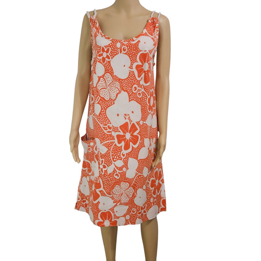 70s Orange Floral Strappy Summer Dress  Box Cut Nautical Rope Straps Size Small [Vintage]
