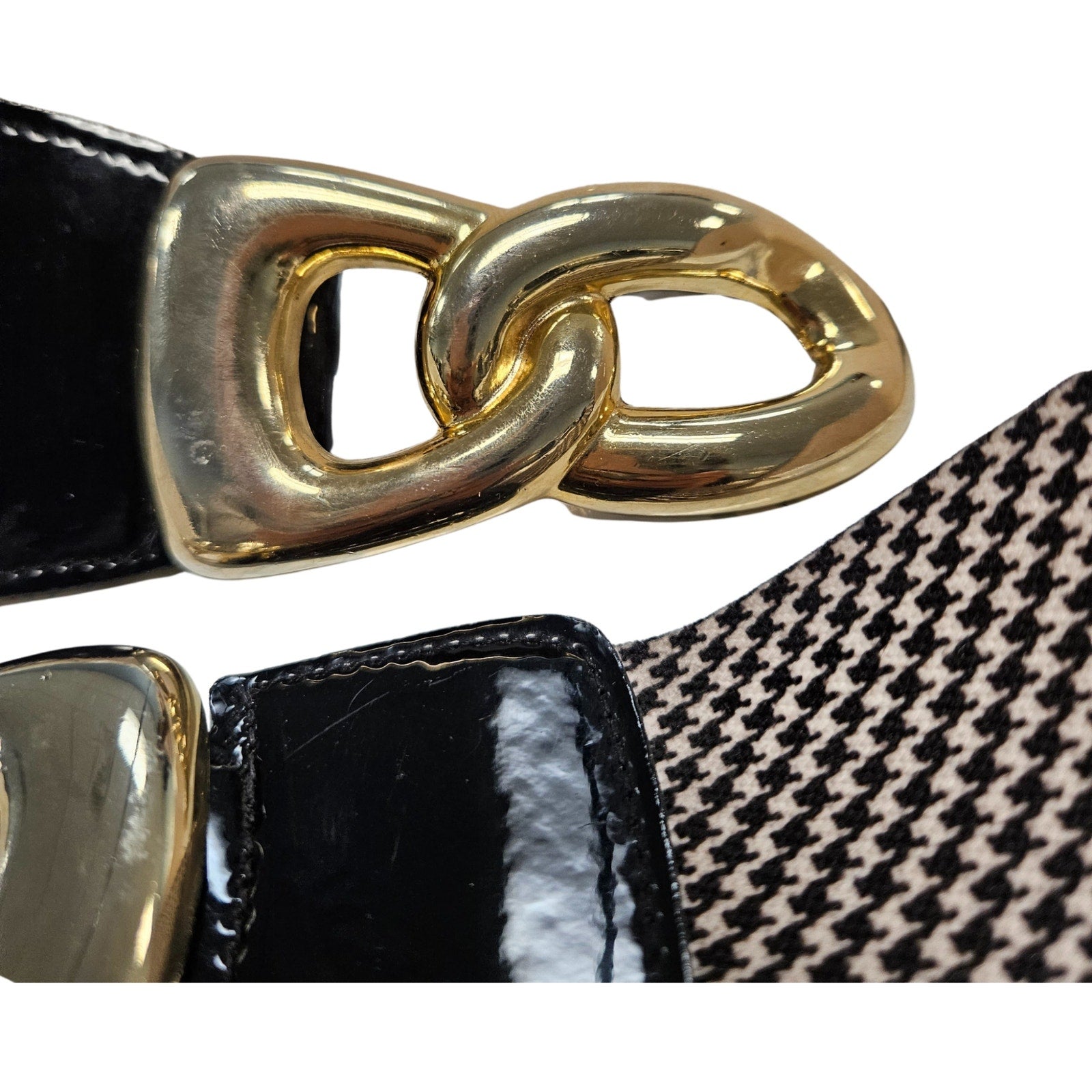 1980s Houndstooth Elastic High Waisted Belt Gold Chunky Buckle Patent Leather Small [Vintage]