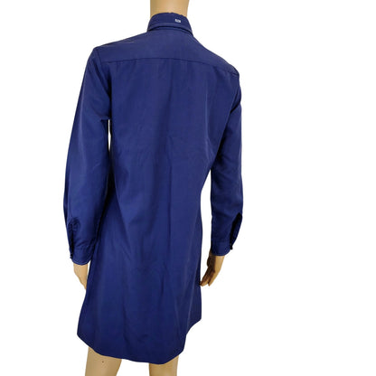1970s Blue Button Down Shirt Dress Wing Tip Collar Seam Button Cuffed Sleeve Size Small [Vintage]