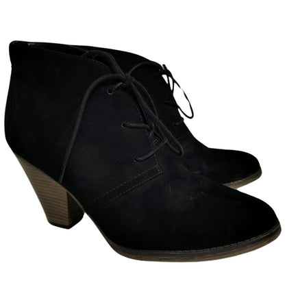 Mia Shayna Lace Up Ankle Bootie Black Faux Suede Wood Stacked Heel Size 9M Women