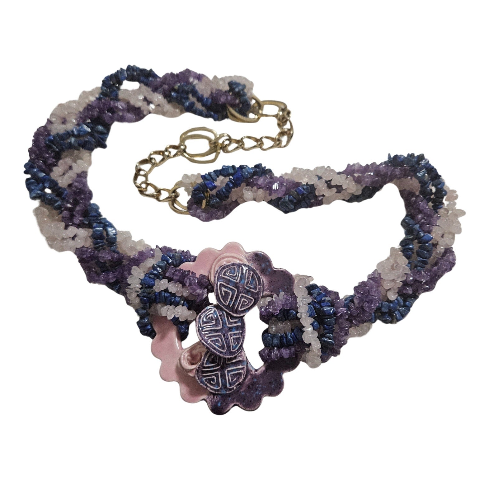 Purple Amethyst Lapis Lazuli Rose Quartz Belt Pottery Belt Buckle [Vintage]