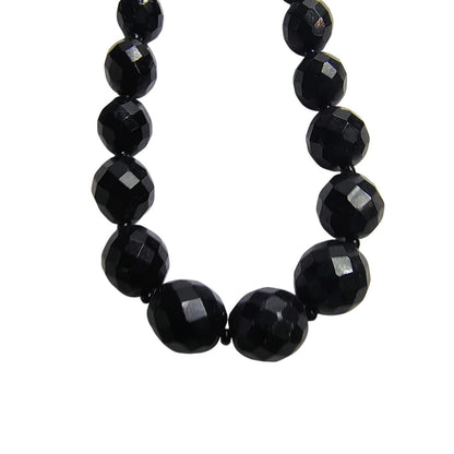 Black Beveled Glass Beaded Vintage Single Strand Necklace Spring Clasp Closurep