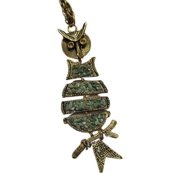 70s Gold Moveable Articulated Owl Necklace Chipped Jade Colored Stones Vintage