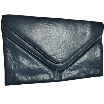 70s Maxi Clutch Blue Faux Leather Vegan Crinkle Leather Wristlet Two Compartment