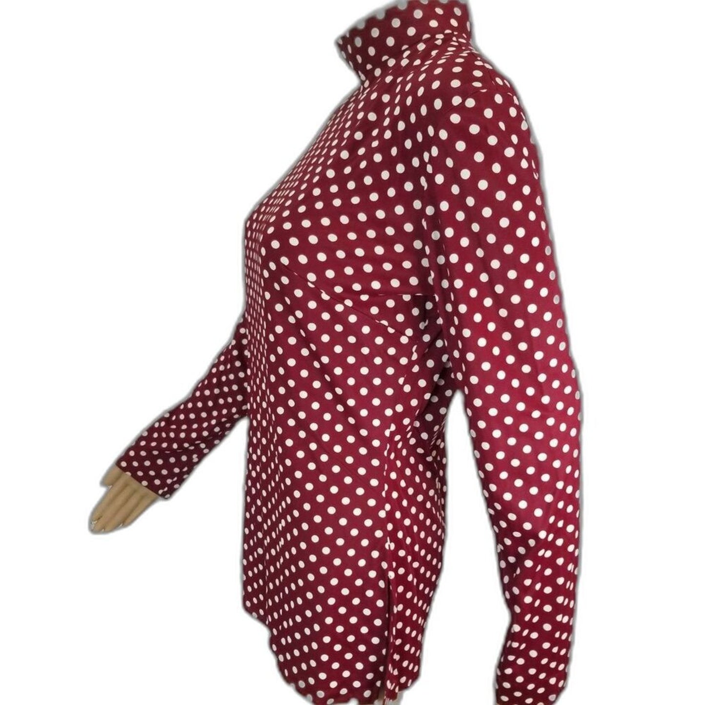 60s Vintage Go Go Burgundy White Polka Dot Long Sleeve Collar Tunic  Size Small [Vintage]