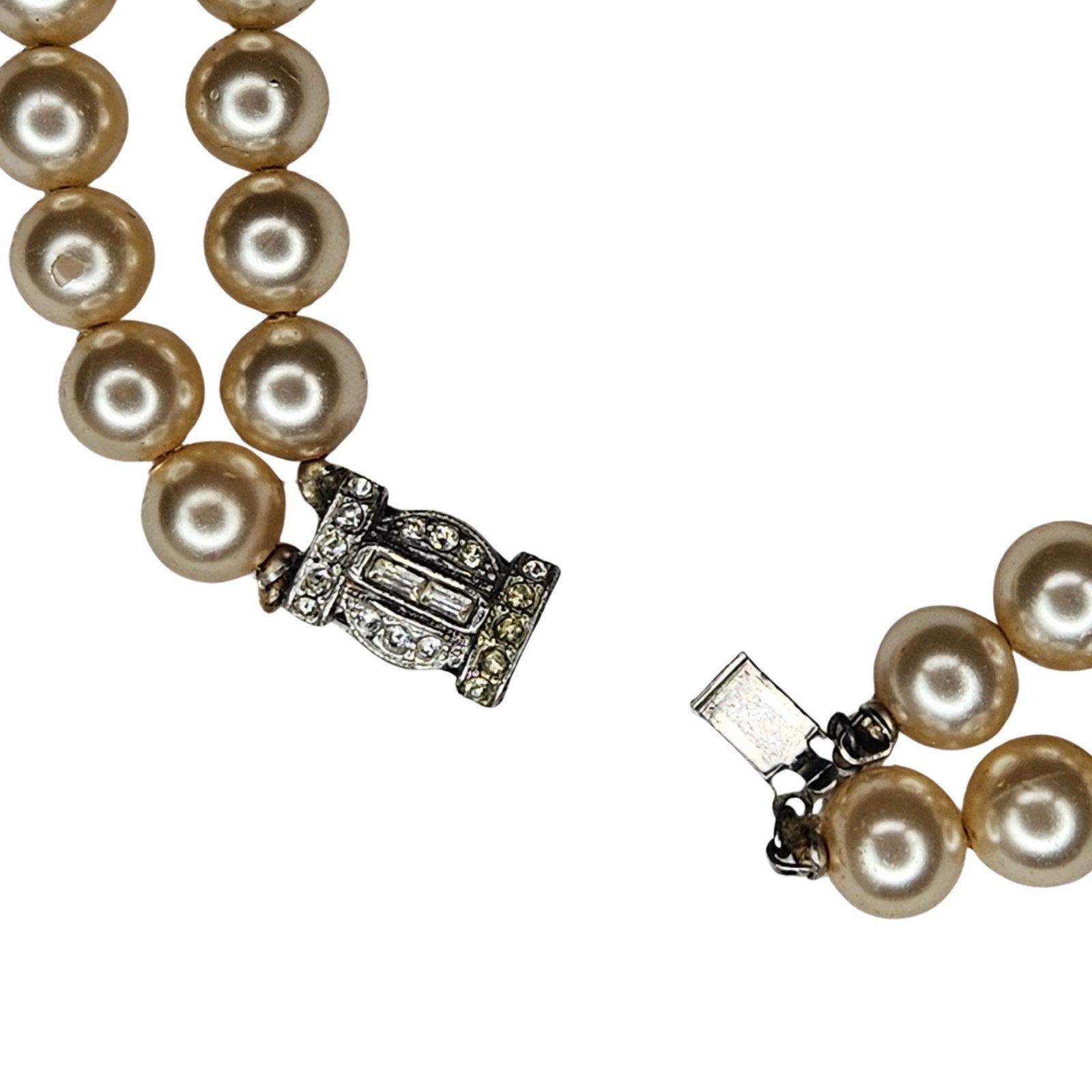 1950s Champagne Color Double Strand Faux Pearl Choker Necklace Gemstone Closure [Vintage]