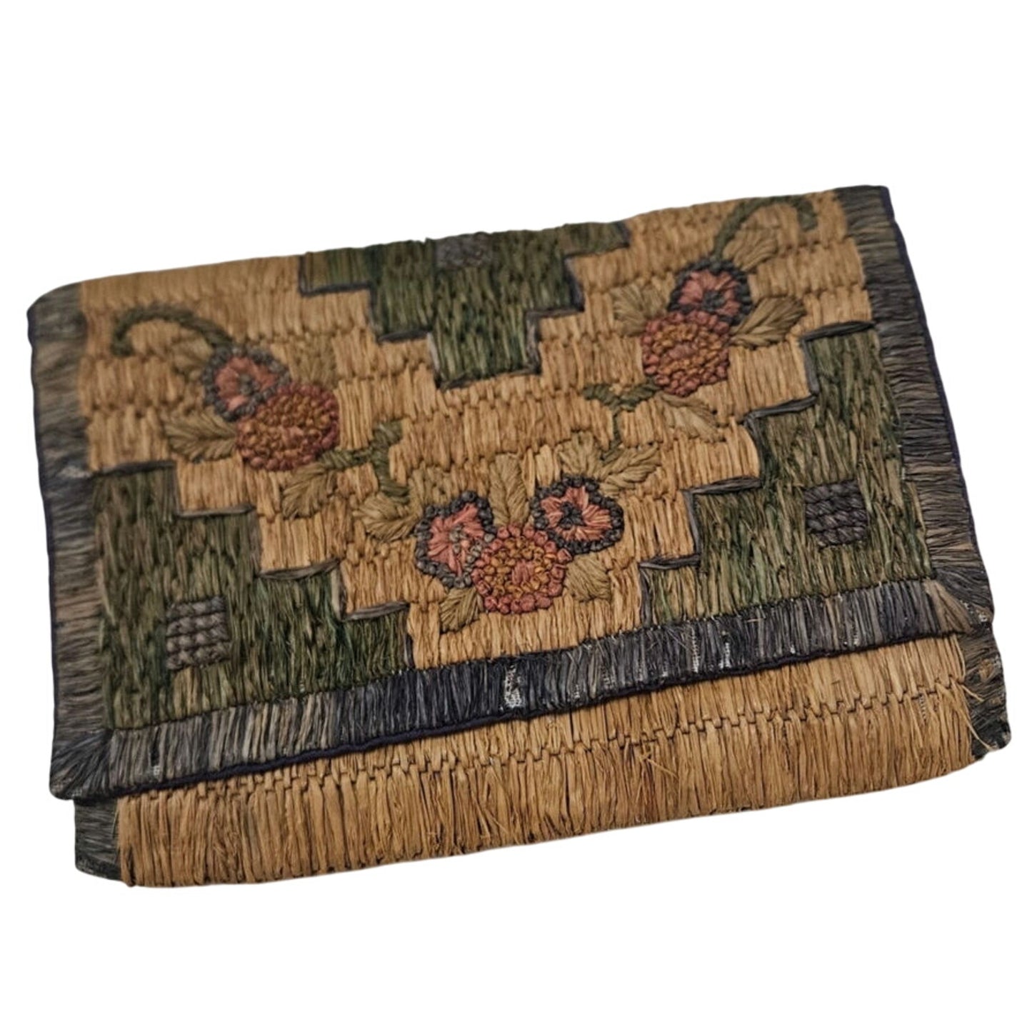 1940s Handwoven Grass Clutch Wallet Bag Floral Motiff Gently Used 8 x 6 Inch