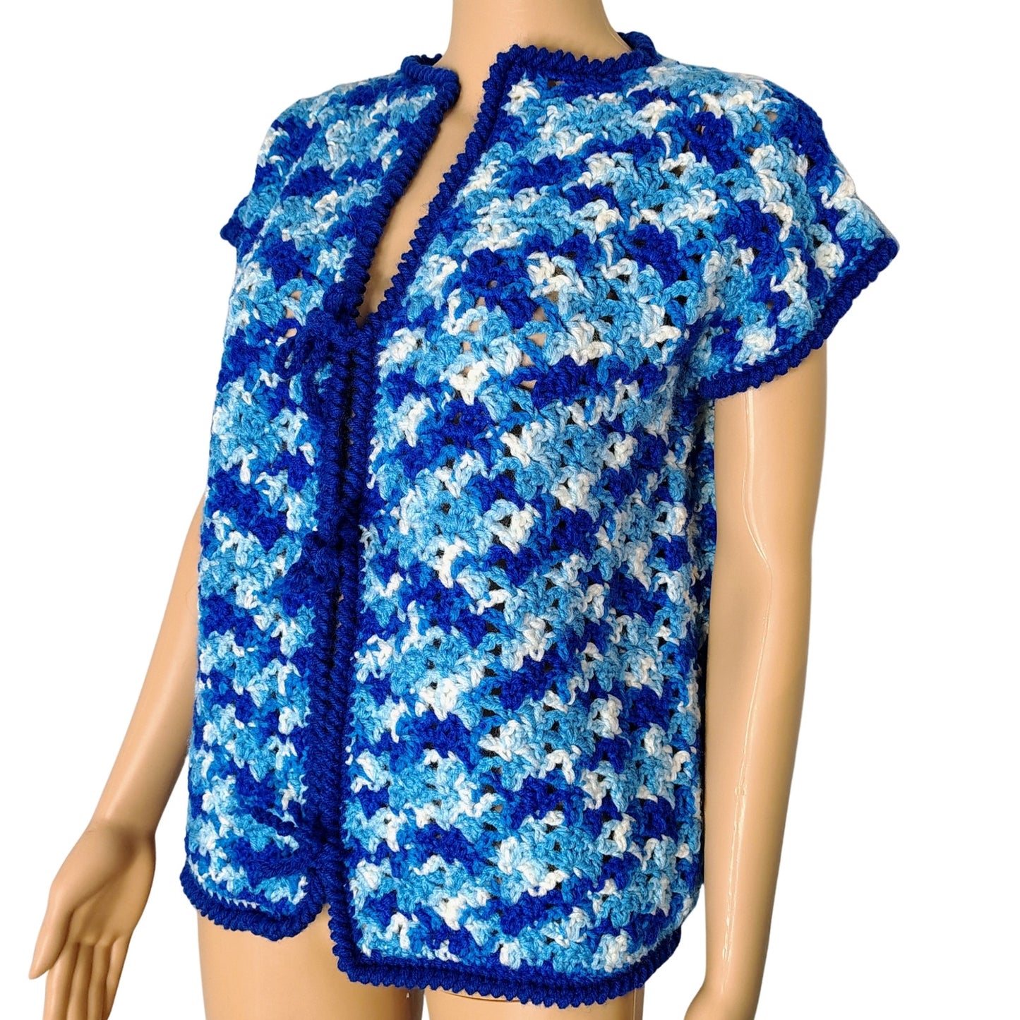 1970s Blue White Crochet Knit Cap Sleeves Tie Up Cardigan Sweater Size Large [Vintage]