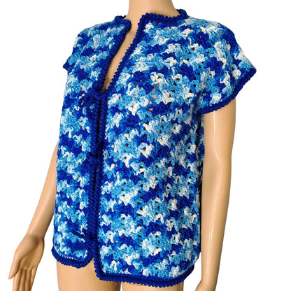 1970s Blue White Crochet Knit Cap Sleeves Tie Up Cardigan Sweater Size Large [Vintage]