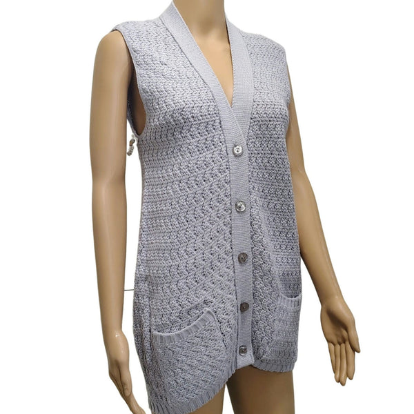 70s Gray Sweater Vest Acrylic Cardigan Button Up Boho Style College Point Size M