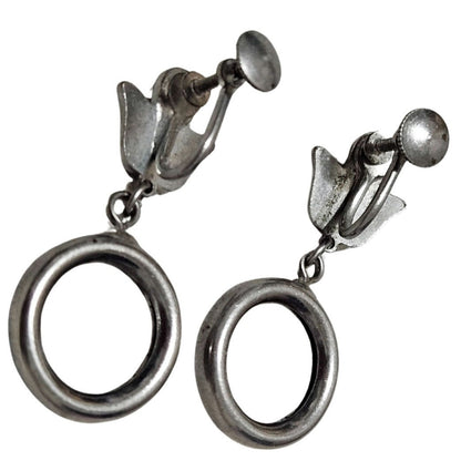 1950s Vintage Flower Dangling Loop Clip On Earrings Silver Tone Twist On Closure