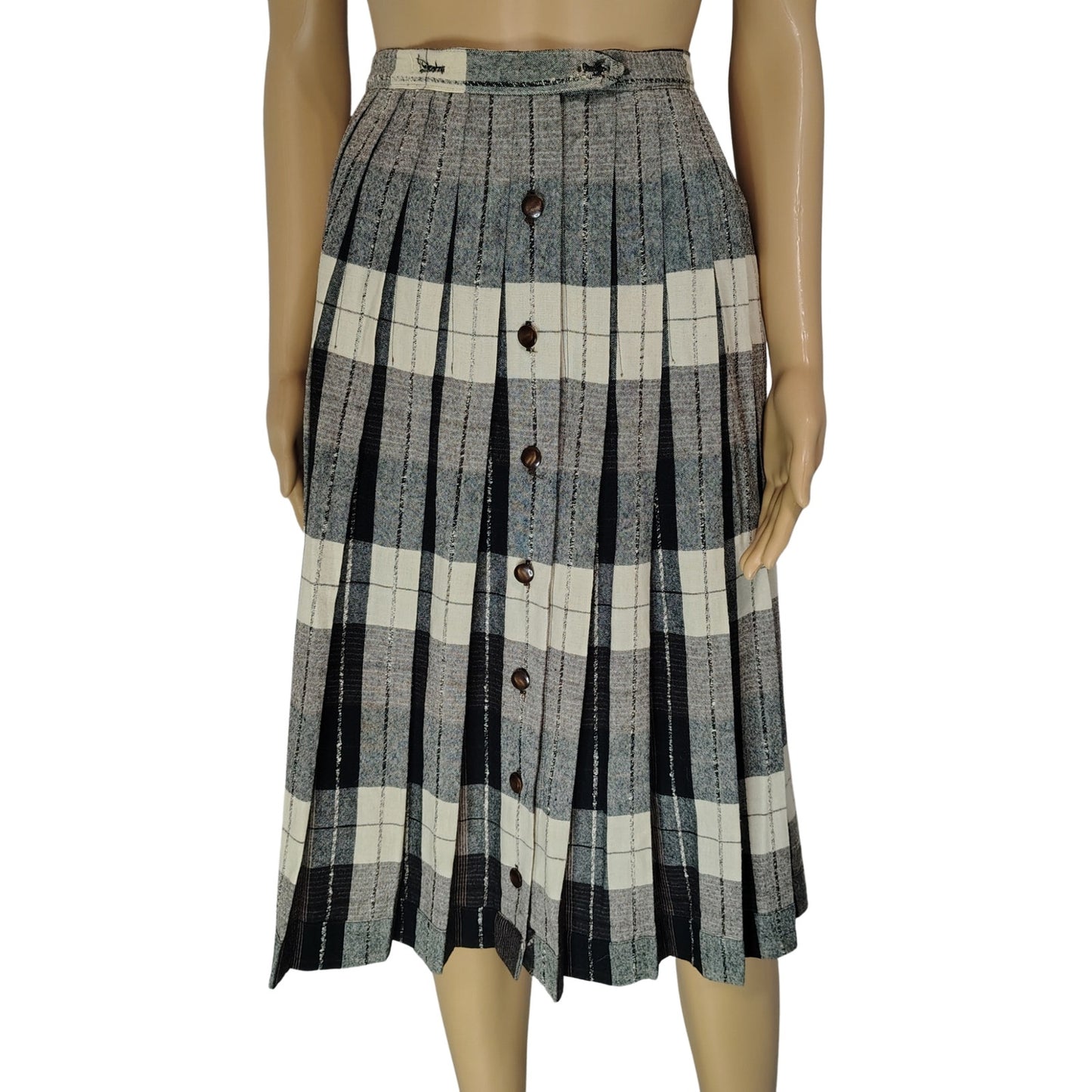 1960s Pleated Brown Plaid Reversible Button Up A Line Skirt Size XS [Vintage]