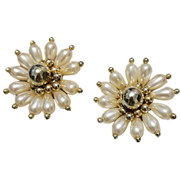1960s Faux Pearl Cluster Huge Flower Clip-On Earrings with Gold Metal Details [Vintage]